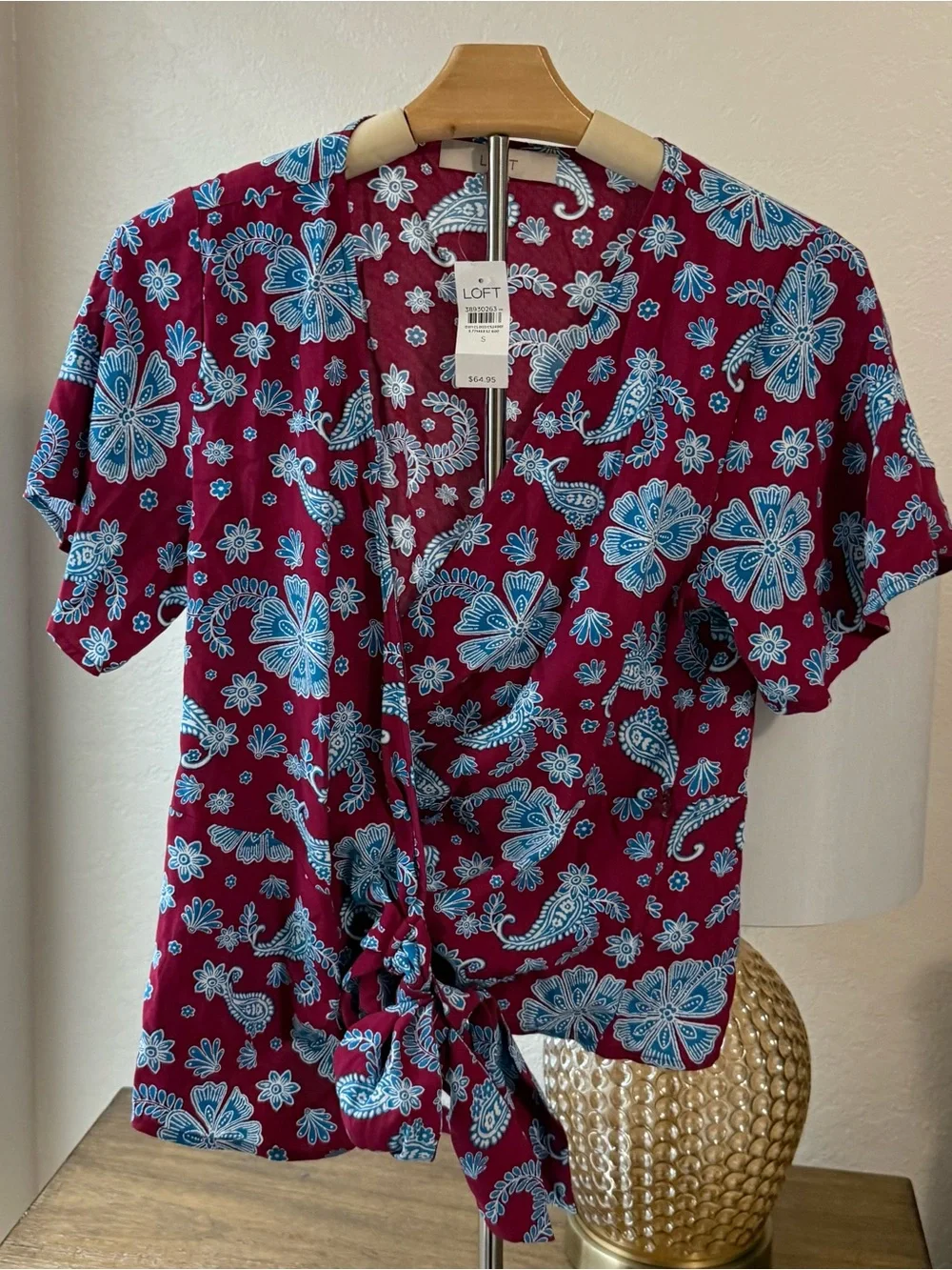 LOFT Women's Red & Blue Floral Wrap Tie Blouse NWT- Size Small - Picture 1 of 5